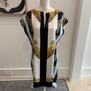 HERMES. SILK Printed Shift Dress in Navy, White & Gold. Size 42. Worn once